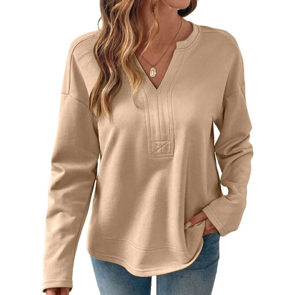 Enjoytime Long Sleeve Shirts for Women Solid Color V-Neck Sweatshirt Fall Winter Business Casual Office Work Blouse