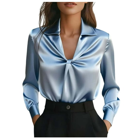 Enjoytime Long Sleeve Shirts for Women Solid Color V-Neck Temperament Tops Business Casual Office Work Button Down Blouses Blue L