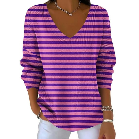 Enjoytime Long Sleeve Shirts for Women Striped V-Neck Business Casual Blouses Trendy Fall Winter Plus Size Tops Purple XXXXL