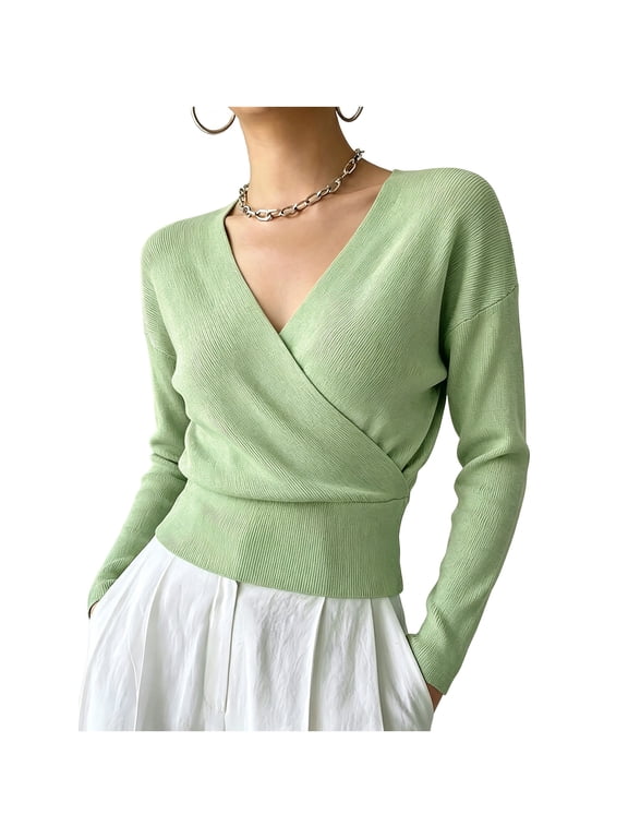 Long Sleeve Shirts for Women V Neck Knit Wrap Front Slim Fitted Pullover Tops Fall Fashion Business Casual Blouses