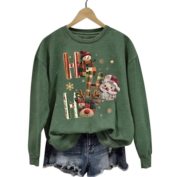 Enjoytime Long Sleeve Tops for Women Christmas Printed Long Sleeve Crewneck Sweatshirt Fall Winter Holiday Family Party Fashion Clothing Army Green M