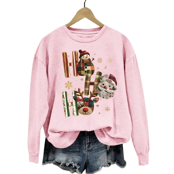 Enjoytime Long Sleeve Tops for Women Christmas Printed Long Sleeve Crewneck Sweatshirt Fall Winter Holiday Family Party Fashion Clothing Pink M