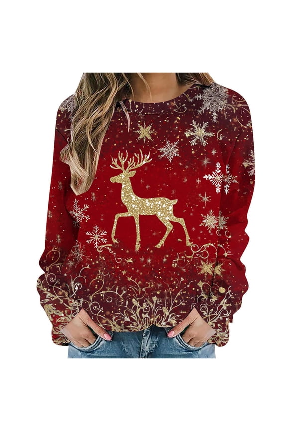 Long Sleeve Tops for Women Christmas Printed Round Neck Casual Shirts Xmas Graphic Fashion Blouses Multicolor L