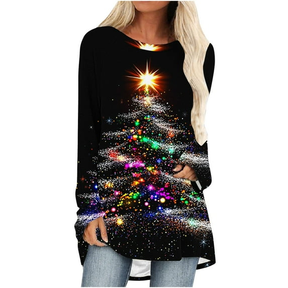 Enjoytime Long Sleeve Tops for Women Christmas Tree Printed Crew Neck Plus Size Blouses Fall Winter Fashion Casual Shirts Multicolor XXL