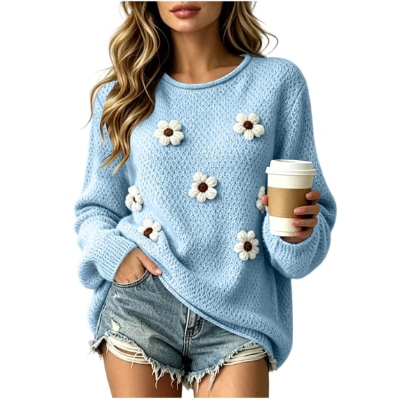 Enjoytime Long Sleeve Tops for Women Floral Knitted Crew Neck Pullover Sweater Fall Casual Plus Size Womens Clothing
