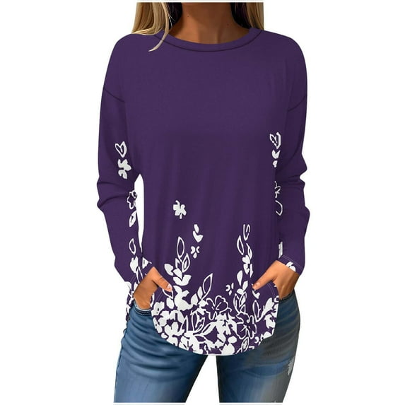 Enjoytime Long Sleeve Tops for Women Floral Printed Shirts Crewneck Loose Fit Comfy Tunic Blouses Fall Winter Clothes
