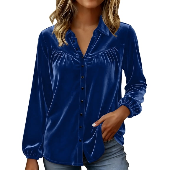 Enjoytime Long Sleeve Tops for Women Gold Velvet Solid Color Lapel Button Down Blouses Fashion Business Casual Blouses Blue M
