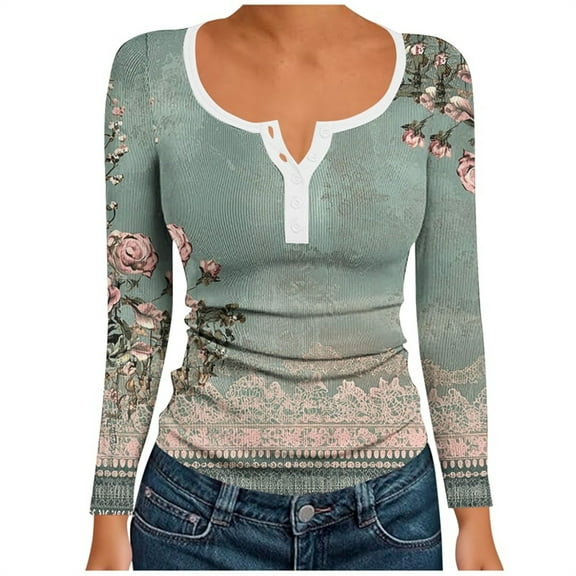 Enjoytime Long Sleeve Tops for Women Printed V-Neck Button Down Shirts Business Casual Long Sleeve Blouses 2025 Fall Winter Fashion Clothes Green S