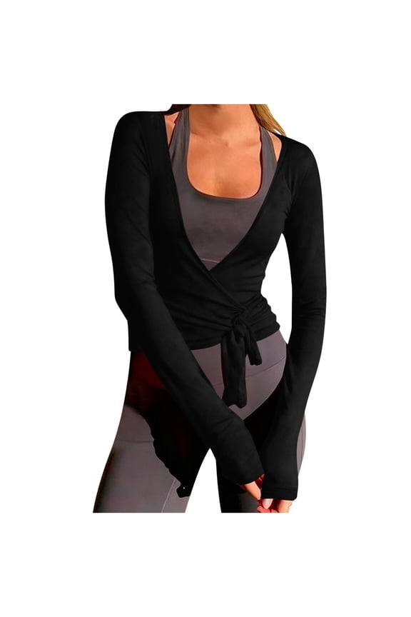 Long Sleeve Tops for Women Solid Color V-Neck Lace Up Wrap Cardigan Yoga Sports Workout Casual Top Black M