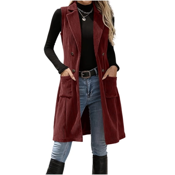 Enjoytime Long Vest for Women Lapel Button Sleeveless Corduroy Jacket Fall Winter Cozy Trendy Casual Waistcoat with Pockets