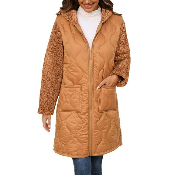 Enjoytime Long Winter Coats for Women Solid Color Long Sleeve Hooded Zip Up Jacket Fall Fashion Warm Casual Outerwear Yellow M