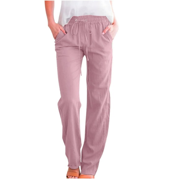 Enjoytime Lounge Pants Women Solid Color Drawstring Linen Plus Size Pants Casual Work Wide Leg Trousers Women Pink XXL