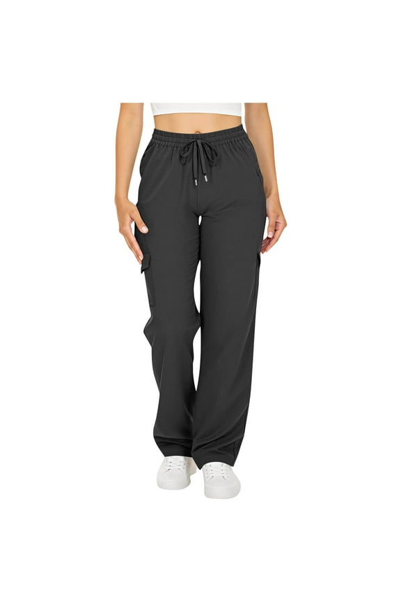 Lounge Pants Women Solid Color Elastic Waist Drawstring Cargo Pants Business Work Casual Trousers Black L