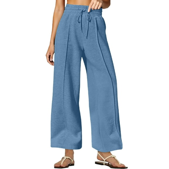 Enjoytime Lounge Pants Women Solid Color Elastic Waist Straight Wide Leg Trousers Drawstring Business Casual Work Pants Blue L