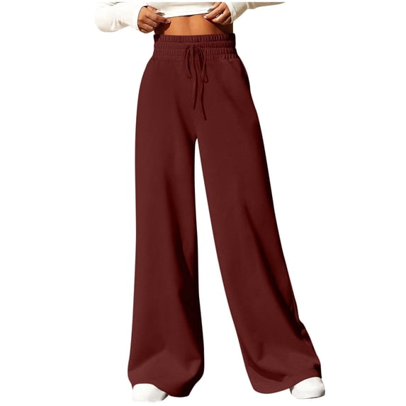 Enjoytime Lounge Pants Women Solid Color High Waist Straight Wide Leg Pants Drawstring Lounge Loose Workout Womens Trousers Wine XXL