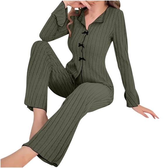 Enjoytime Lounge Sets for Women Solid Color Turndown Collar Bow Button Down Shirts with Pants Fashion Long Sleeve Sleepwear Comfy Cozy Plus Size Pajamas