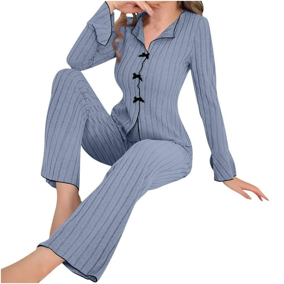 Enjoytime Lounge Sets for Women Solid Color Turndown Collar Bow Button Down Shirts with Pants Fashion Long Sleeve Sleepwear Comfy Cozy Plus Size Pajamas