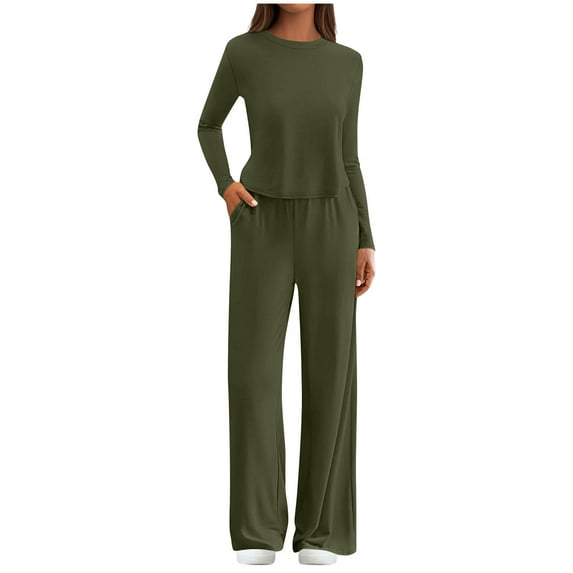 Enjoytime Lounge Sets for Women Casual Crewneck Long Sleeve Tops and Loose Pants 2 Piece Outfits Travel Solid Color Comfy Matching Loungewear