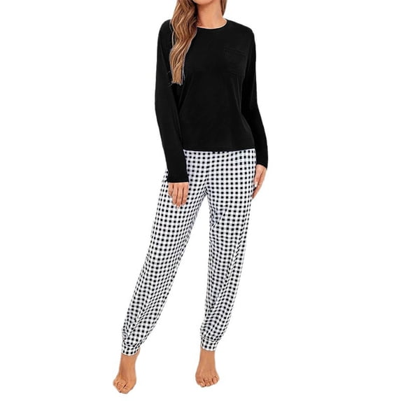 Enjoytime Lounge Sets for Women Crewneck Long Sleeve Tops and Plaid Long Pants 2 Piece Outfits Casual Vacation Trendy Fall Fashion Winter Clothing