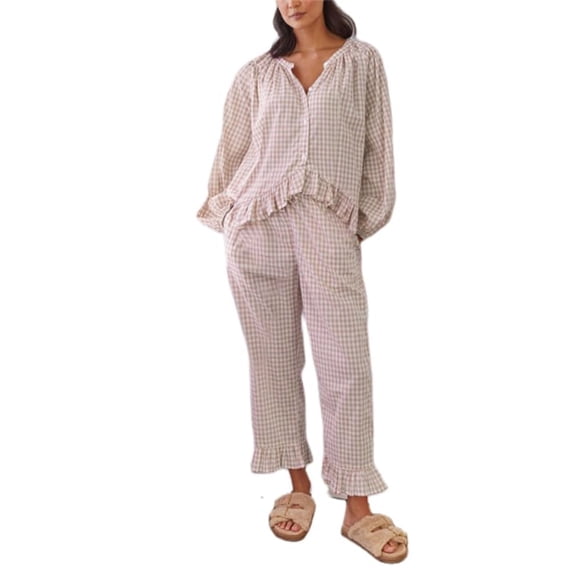Enjoytime Lounge Sets for Women Plaid V-Neck Long Sleeve Button Down Blouse Pants 2 Piece Sleepwear Ruffled Fashion Nightwear Cozy Casual Pajamas