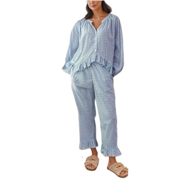 Enjoytime Lounge Sets for Women Plaid V-Neck Long Sleeve Button Down Blouse Pants 2 Piece Sleepwear Ruffled Fashion Nightwear Cozy Casual Pajamas