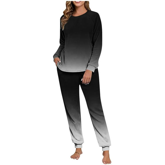 Enjoytime Lounge Sets for Women Printed Round Neck Long Sleeve Tops Drawstring Pants Warm Pajamas Fall Winter Matching Womens 2 Piece Outfits