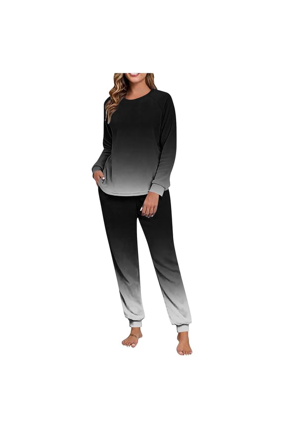 Lounge Sets for Women Printed Round Neck Long Sleeve Tops Drawstring Pants Warm Pajamas Fall Winter Matching Womens 2 Piece Outfits