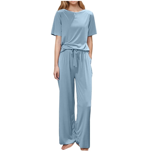 Enjoytime Lounge Sets for Women Solid Color Crewneck Short Sleeve Tops Pants 2 Piece Sets Spring Summer Thin Soft Pajamas Casual Travel Outfits