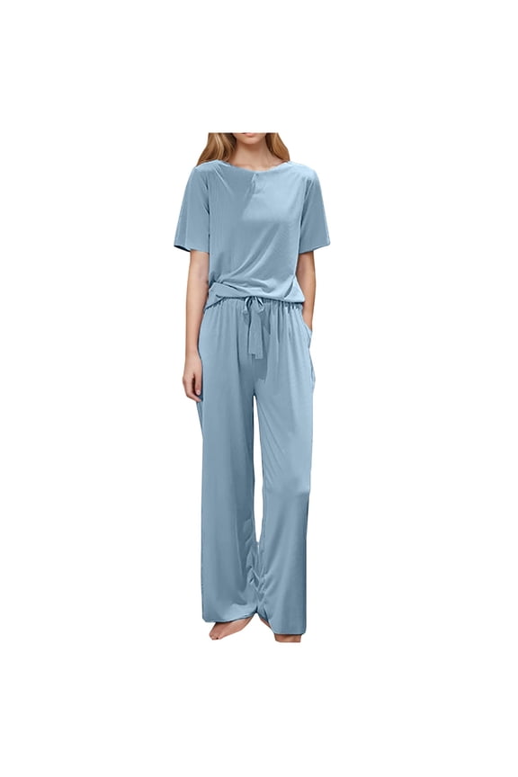 Lounge Sets for Women Solid Color Crewneck Short Sleeve Tops Pants 2 Piece Sets Spring Summer Thin Soft Pajamas Casual Travel Outfits