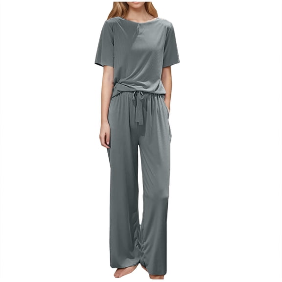 Enjoytime Lounge Sets for Women Solid Color Crewneck Short Sleeve Tops Pants 2 Piece Sets Spring Summer Thin Soft Pajamas Casual Travel Outfits