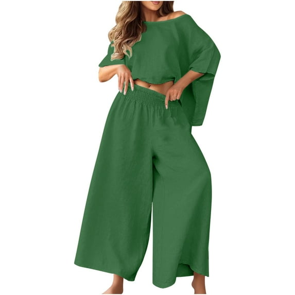 Enjoytime Vacation Outfits for Women Solid Color Round Neck Off Shoulder Pullover Tops Wide Leg Pants Lounge Sets Plus Size 2 Piece Outfits