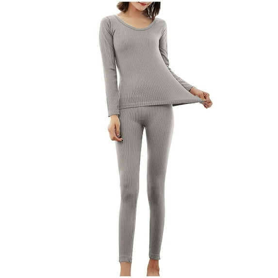 Enjoytime Lounge Sets for Women Solid Color Threaded Round Neck Long Sleeve Tops Pants 2 Piece Set Fall Winter Base Warm Soft Pajama Set