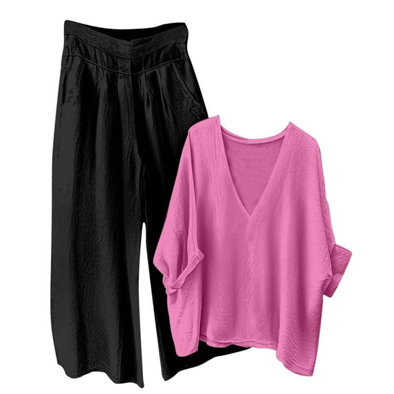 Enjoytime Lounge Sets for Women Solid Color V-Neck Long Sleeve Tops Wide Leg Pants Loungewear 2025 Travel Vacation 2 Piece Outfits Hot Pink M