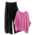 thumbnail image 1 of Enjoytime Lounge Sets for Women Solid Color V-Neck Long Sleeve Tops Wide Leg Pants Loungewear 2025 Travel Vacation 2 Piece Outfits Hot Pink XL, 1 of 5