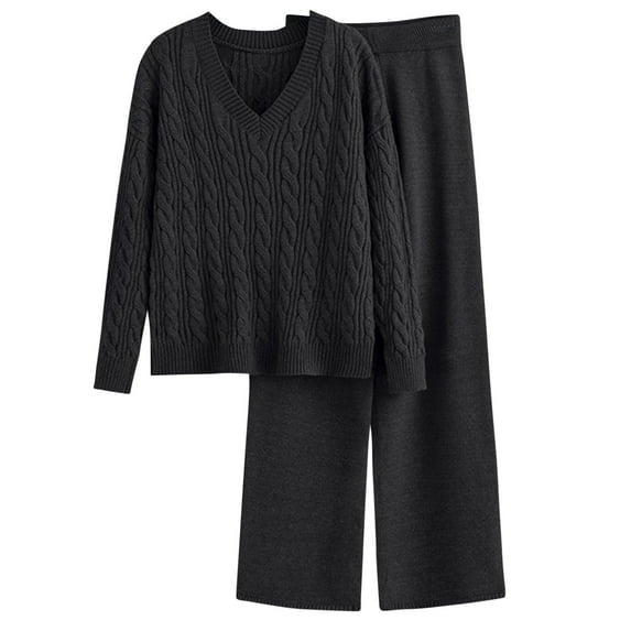 Enjoytime Lounge Sets for Women Solid Color V-Neck Sweater Wide Leg Pants 2 Piece Outfits Fall Winter Warm Comfy Knitted Matching Set