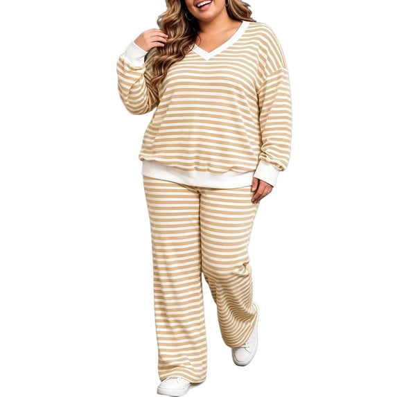 Enjoytime Lounge Sets for Women Striped V Neck Long Sleeve Top Wide Leg Pants 2 Piece Outfits Soft Loose Casual Plus Size Matching Set