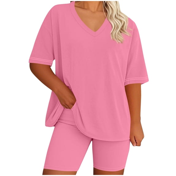 Enjoytime Lounge Sets for Women V-Neck Short Sleeve Tops with Drawstring Shorts 2 Piece Outfits Summer Travel Casual Plus Size Clothes