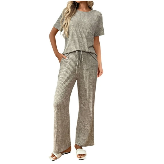 Enjoytime Matching Sets Women Clothing Fall Winter Solid Color Short Sleeve Pullover Tops and Lounge Pants Pants Casual Travel Outfits 2025 Khaki A S