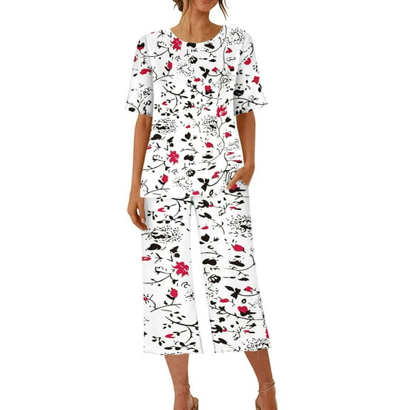 Enjoytime Matching Sets Women Clothing Printed Round Neck Short Sleeve Tops Cropped Pants 2 Piece Outfits Summer Comfy Pajama Set Loungewear
