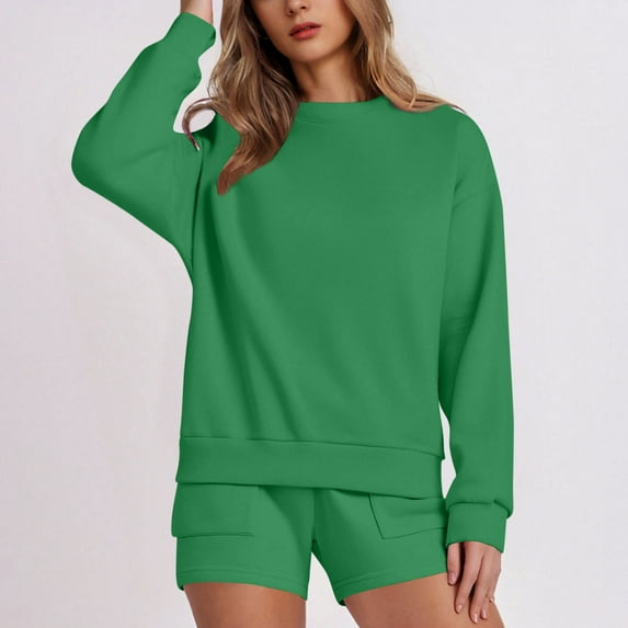 Enjoytime Matching Sets Women Clothing Solid Color Round Neck Long Sleeve Sweatshirt Shorts Two Piece Set 2025 Travel Vacation Outfits Green S