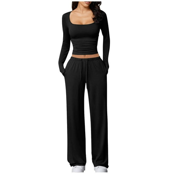 Enjoytime Matching Sets Women Clothing Solid Color Square Neck Long Sleeve Tops Loose Pants Loungewear Casual Lightweight 2 Piece Outfits for Women