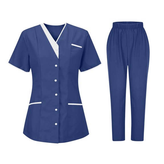Enjoytime Matching Sets Women Clothing V-Neck Short Sleeve Shirts Pants Tunic Uniform 2 Piece Outfits Clinic Carer Protective Plus Size Clothes Navy XXL