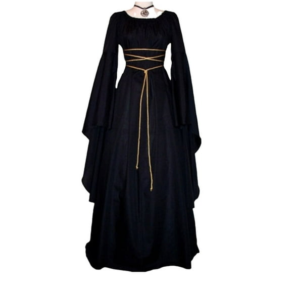 Enjoytime Maxi Dresses for Women 2025 Solid Color Round Neck Long Sleeve Gothic Dress with Bandage Elegant Renaissance Dress Halloween Costumes Black M