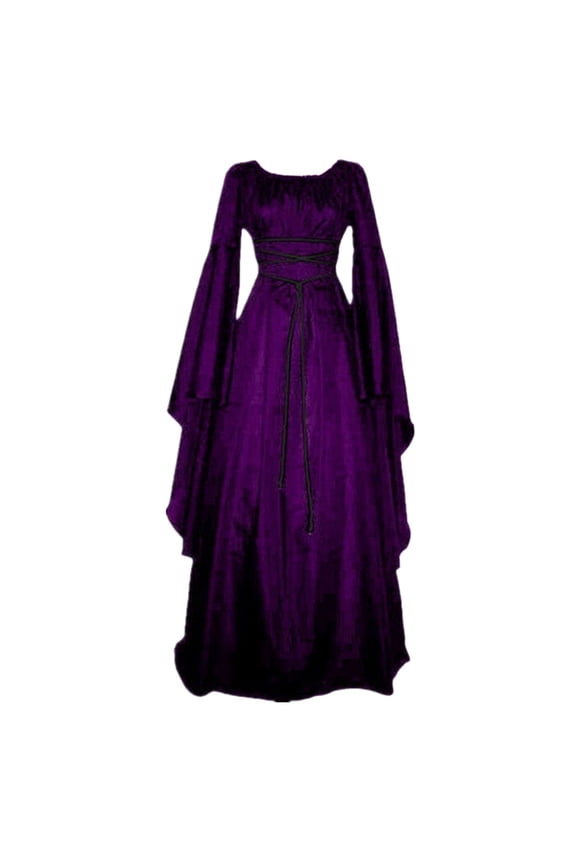 Maxi Dresses for Women 2025 Solid Color Round Neck Long Sleeve Gothic Dress with Bandage Elegant Renaissance Dress Halloween Costumes Purple S