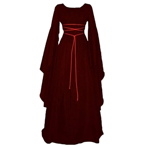 Enjoytime Maxi Dresses for Women 2025 Solid Color Round Neck Long Sleeve Gothic Dress with Bandage Elegant Renaissance Dress Halloween Costumes Wine XL
