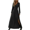 thumbnail image 1 of Enjoytime Maxi Dresses for Women 2025 Solid Color Long Sleeve V-Neck Slit Slim Party Dress Casual Fall Winter Dresses Black S, 1 of 7