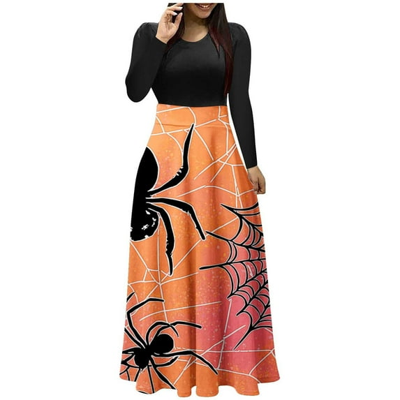Enjoytime Maxi Dresses for Women 2025 Vintage Printed Long Sleeve Round Neck Party Dress Patchwork Casual Gothic Renaissance Costume Women Orange XXL