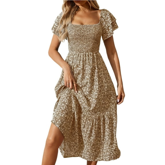 Enjoytime Maxi Dresses for Women Fashion Square Neck Short Sleeve Floral Dress Summer Casual Flowy Vacation Dress