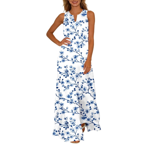 Enjoytime Maxi Dresses for Women Sleeveless V Neck Floral Sundress Summer Casual Boho Beach Plus Size Dresses