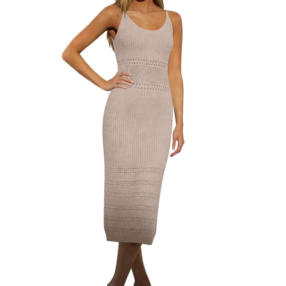 Enjoytime Maxi Dresses for Women Solid Color Crewneck Hollow Out Knitted Spaghetti Straps Dress Summer Casual Beach Vacation Dress